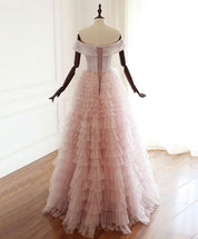 A-line Off-the-Shoulder Sweetheart Floor-Length Tulle Tiered Ruffle Prom Dress