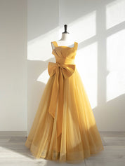 Mustard A-Line Square Neck Floor-Length Satin & Tulle Prom Dress with Oversized Bow Detail