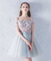 Off-the-Shoulder Floral Embroidered Tulle Short Homecoming Dress with Bow Detail