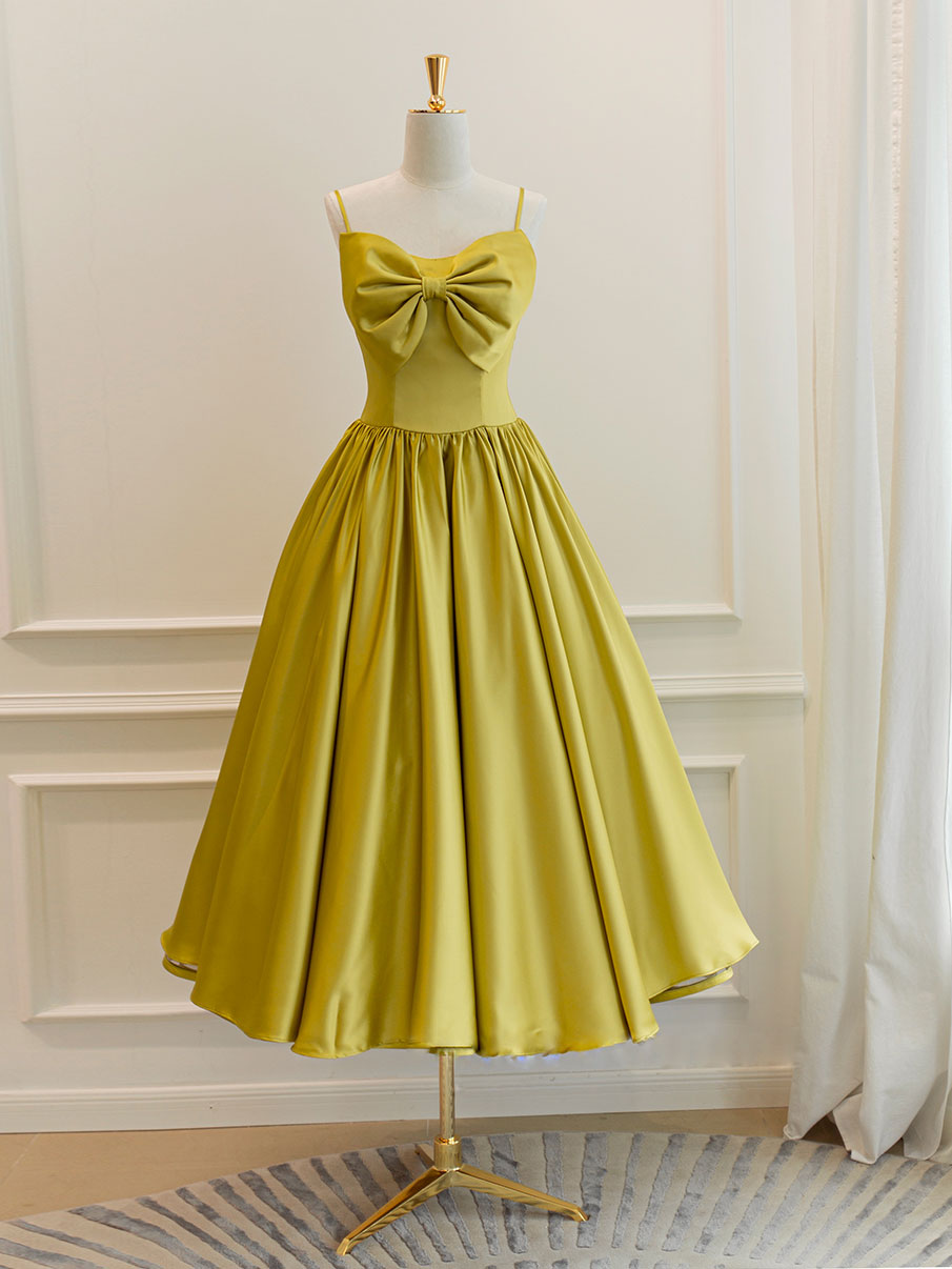 A-Line Sweetheart Neck Tea-Length Yellow Satin Bow Homecoming Dress