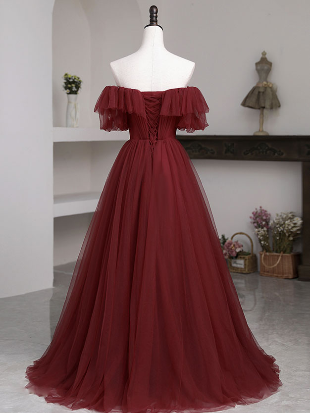 A-Line Off-the-Shoulder Floor-Length Tulle Ruffled Bodice Burgundy Prom Dress