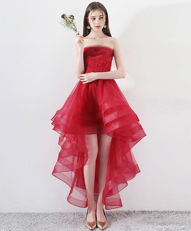 A-Line Strapless High-Low Red Tulle Homecoming Dress with Lace Bodice & Layered Ruffle Skirt