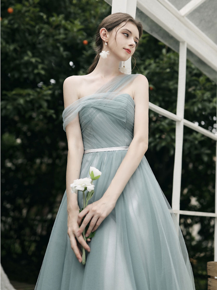 A-Line Dusty Blue One-Shoulder Floor-Length Tulle Prom Dress with Draped Bodice