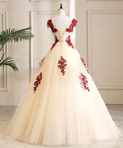 Ball Gown Ivory Illusion Neck Floor-Length Tulle Dress with Red Lace Appliqué Prom Dress