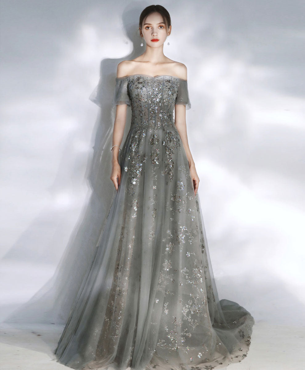 A-Line Smoke Gray Off-the-Shoulder Sweetheart Floor-Length Tulle Sequin Lace Prom Dress with Soft Tulle Sleeves