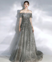 A-Line Smoke Gray Off-the-Shoulder Sweetheart Floor-Length Tulle Sequin Lace Prom Dress with Soft Tulle Sleeves