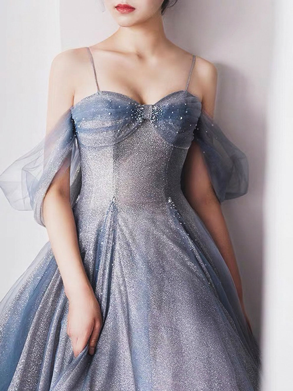 A-Line Dusty Blue Sweetheart Floor-Length Tulle Prom Dress with Sequin Shimmer