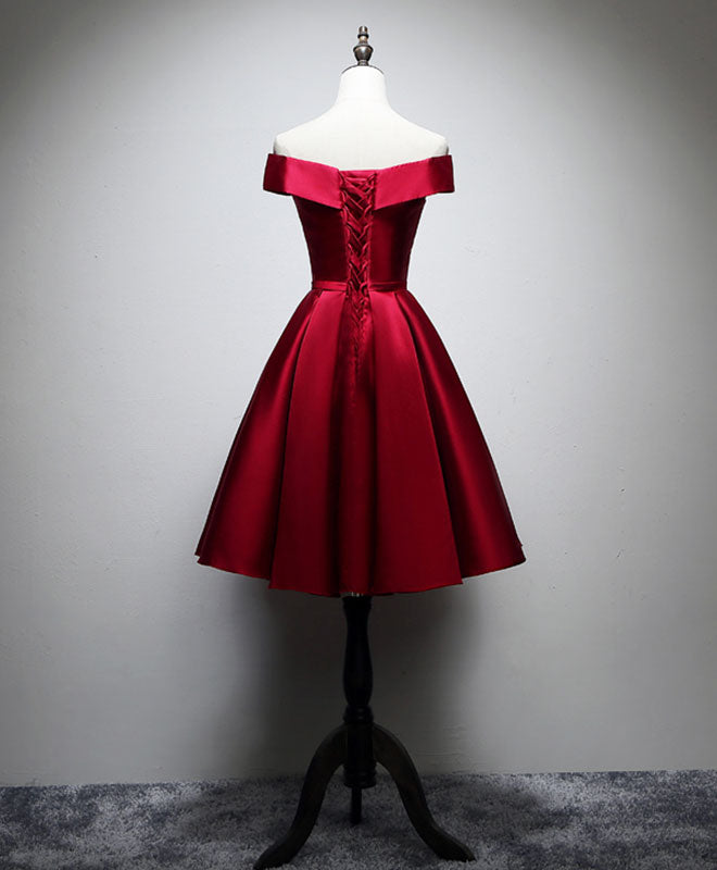 Off-Shoulder Sweetheart Satin Knee-Length Burgundy Homecoming Dress