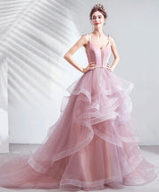A-Line Spaghetti Straps Floor-Length Tulle Prom Dress with Ruffled Skirt