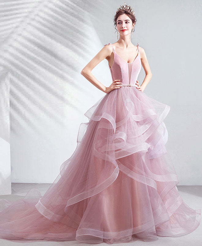 A-Line Spaghetti Straps Floor-Length Tulle Prom Dress with Ruffled Skirt