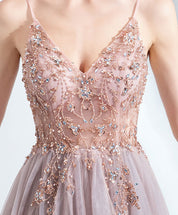 A-line V Neck Floor-Length Tulle Sequin Beaded Prom Dress with High Slit