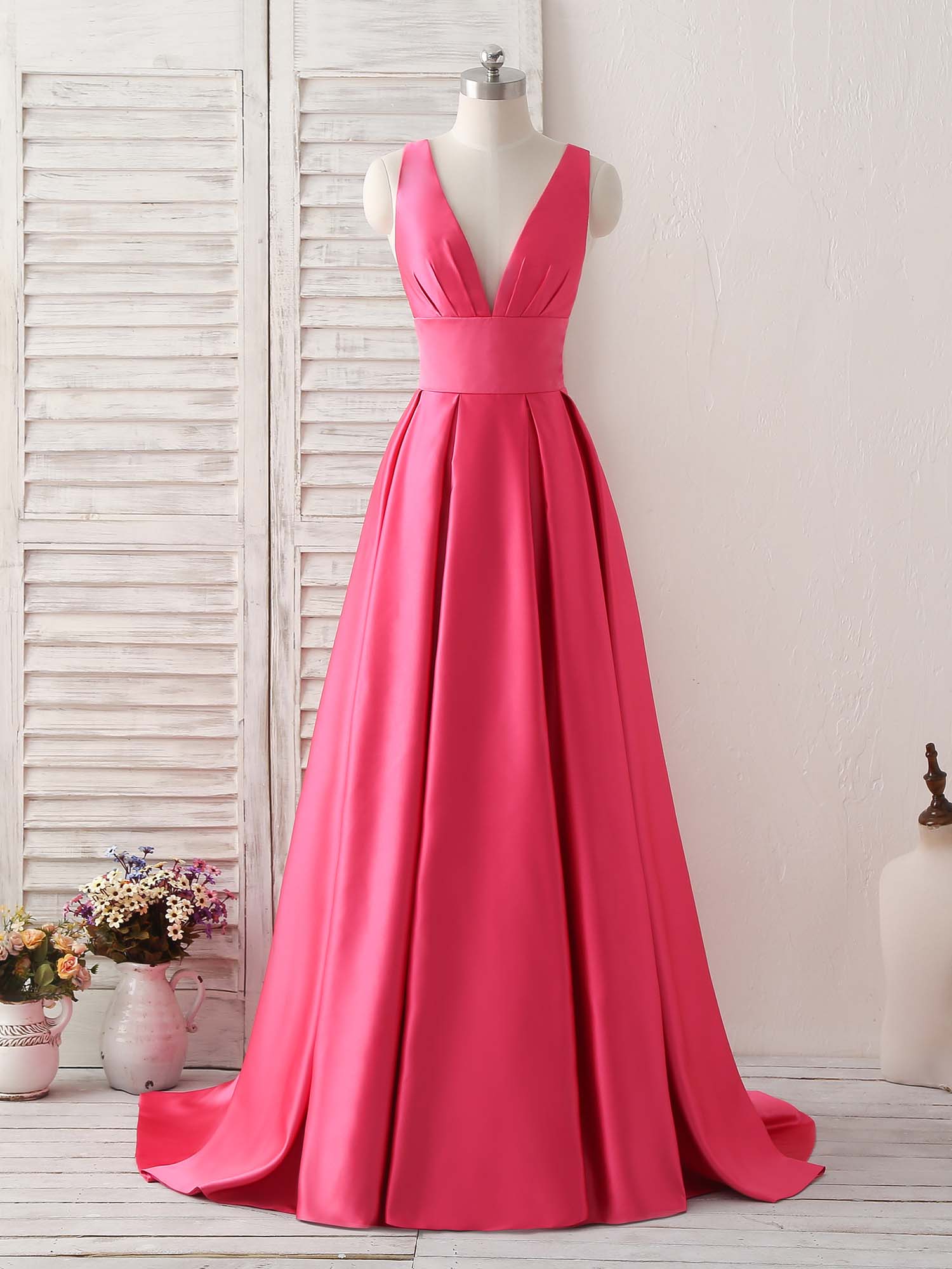 A-line Deep V Neck Floor-Length Satin Prom Dress with Cross-Back Straps