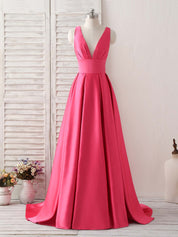 A-line Deep V Neck Floor-Length Satin Prom Dress with Cross-Back Straps