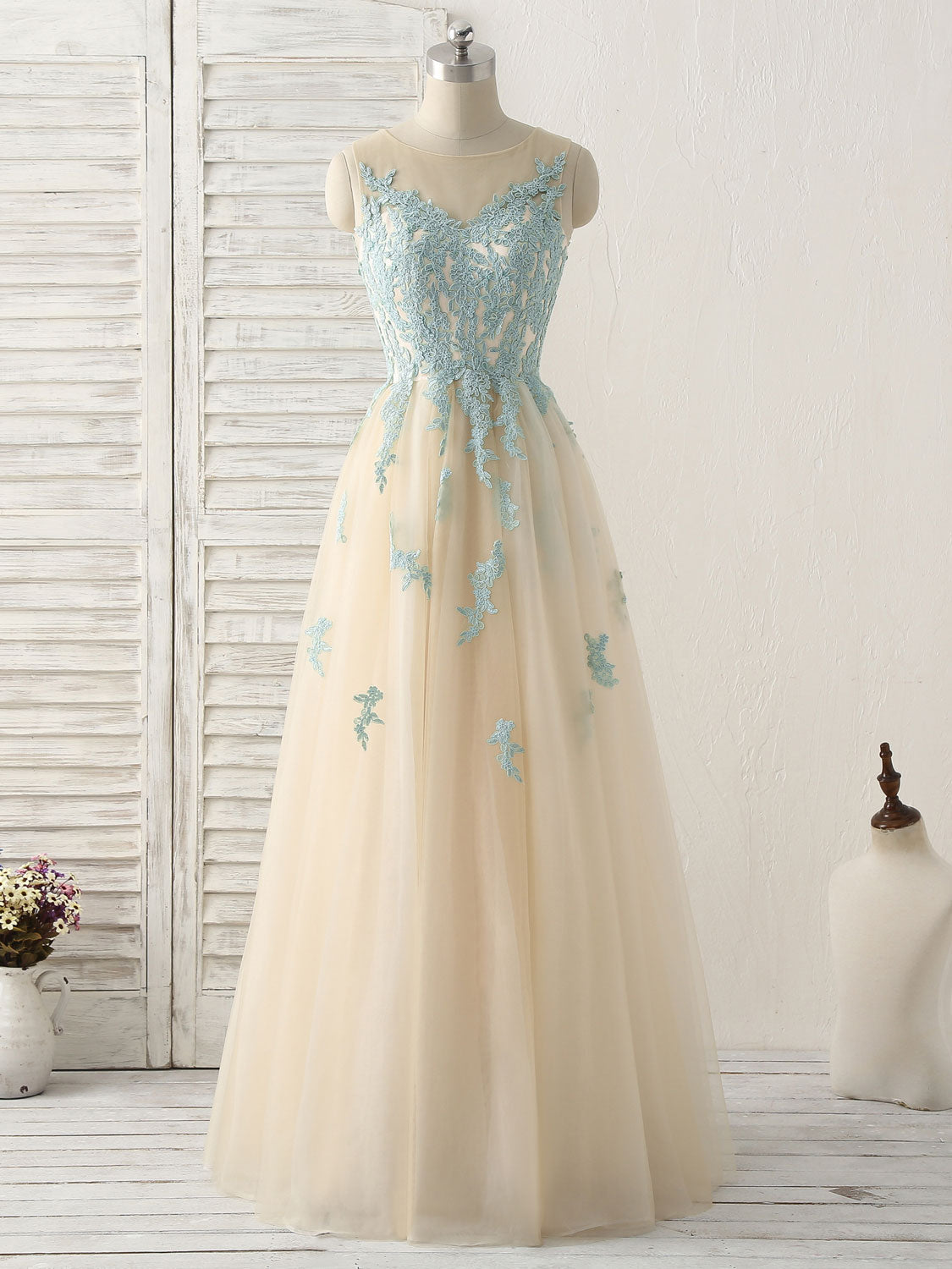 A-line Illusion Neck Floor-Length Tulle & Lace Prom Dress with Zipper Back