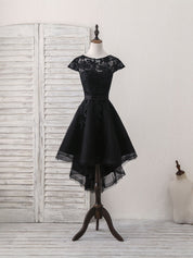 Cap Sleeve A-Line High-Low Homecoming Dress with Lace Appliqué