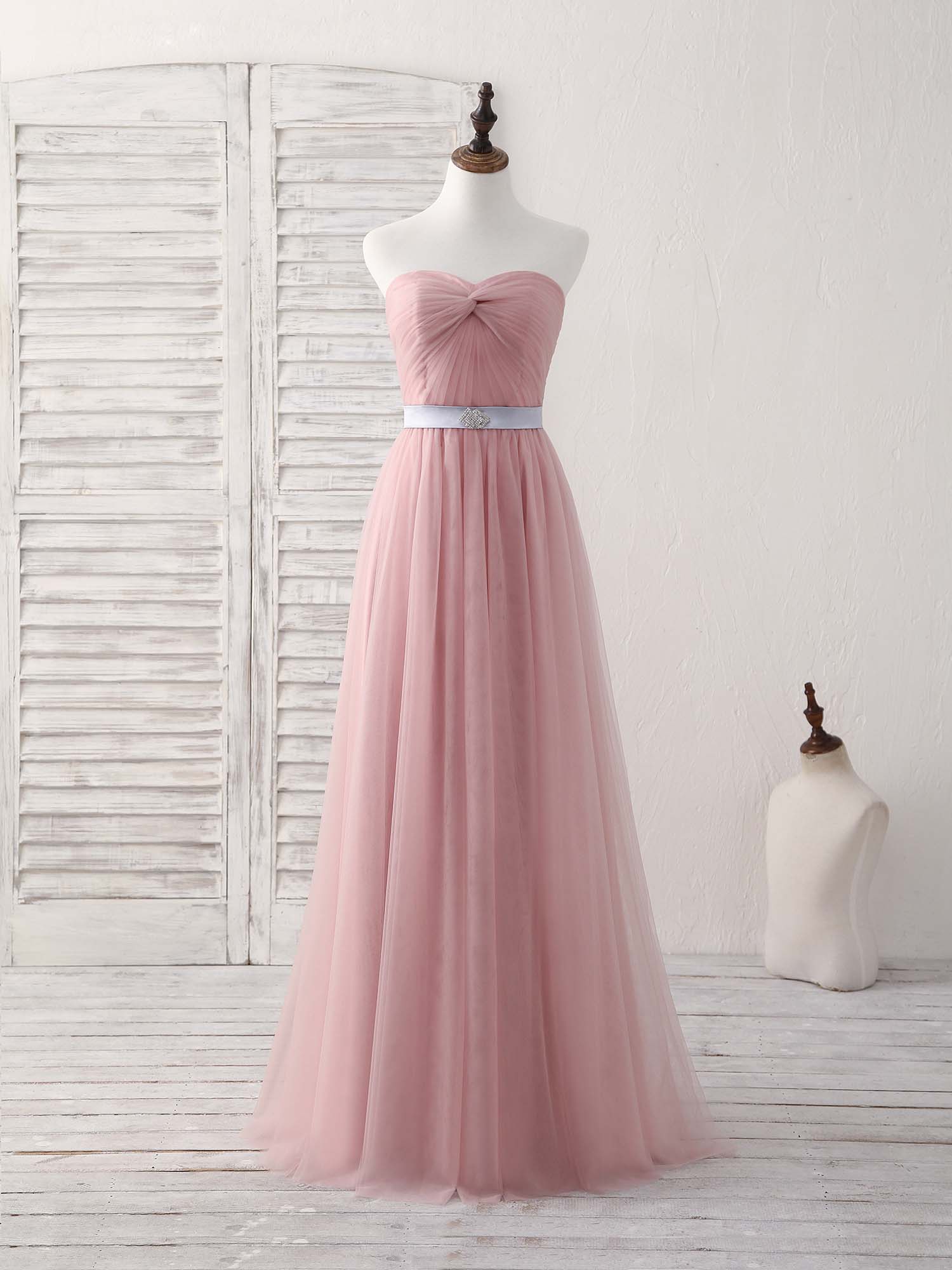 A-line Sweetheart Neck Floor-Length Tulle Prom Dress with Ruched Bodice