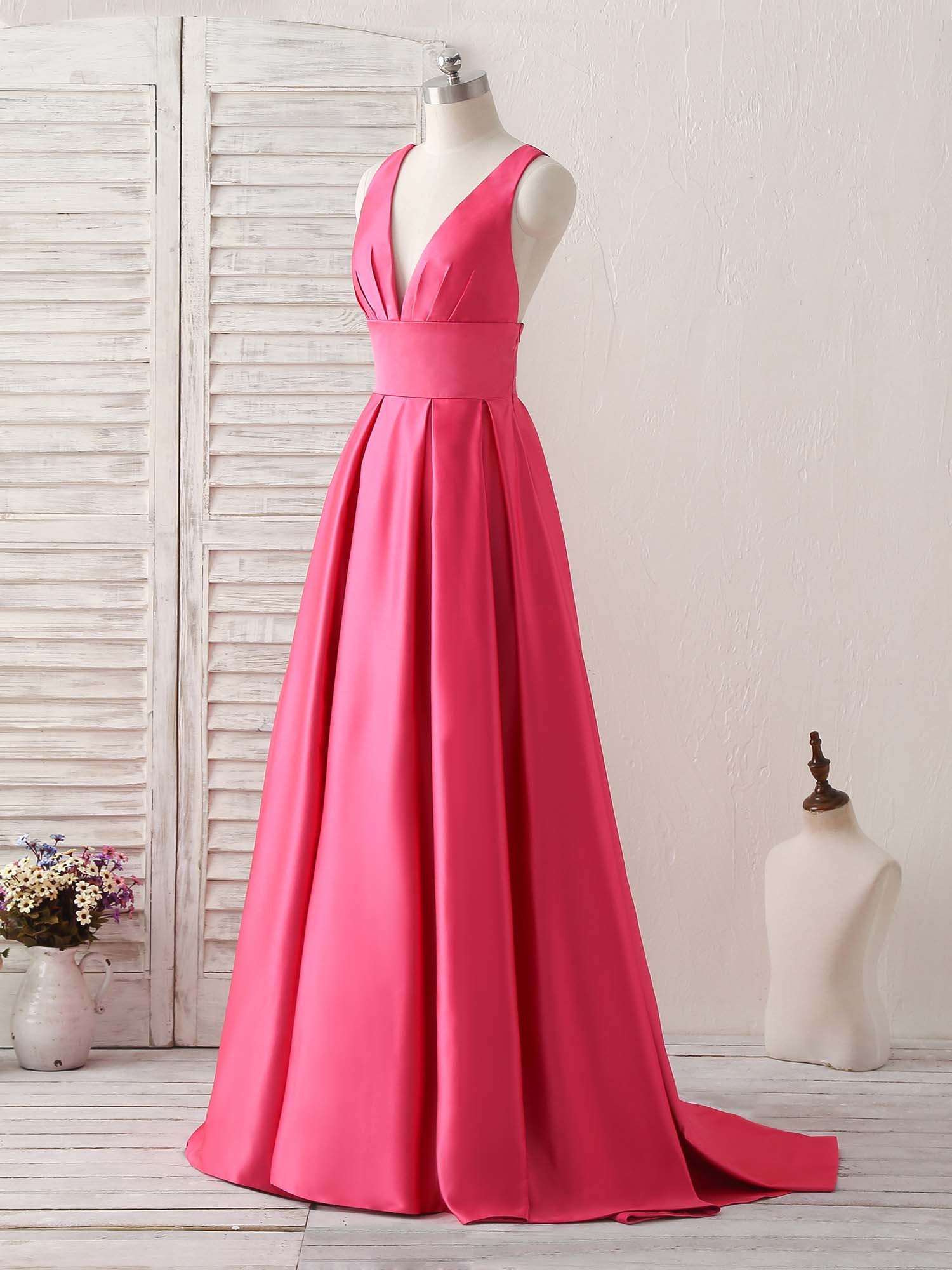 A-line Deep V Neck Floor-Length Satin Prom Dress with Cross-Back Straps