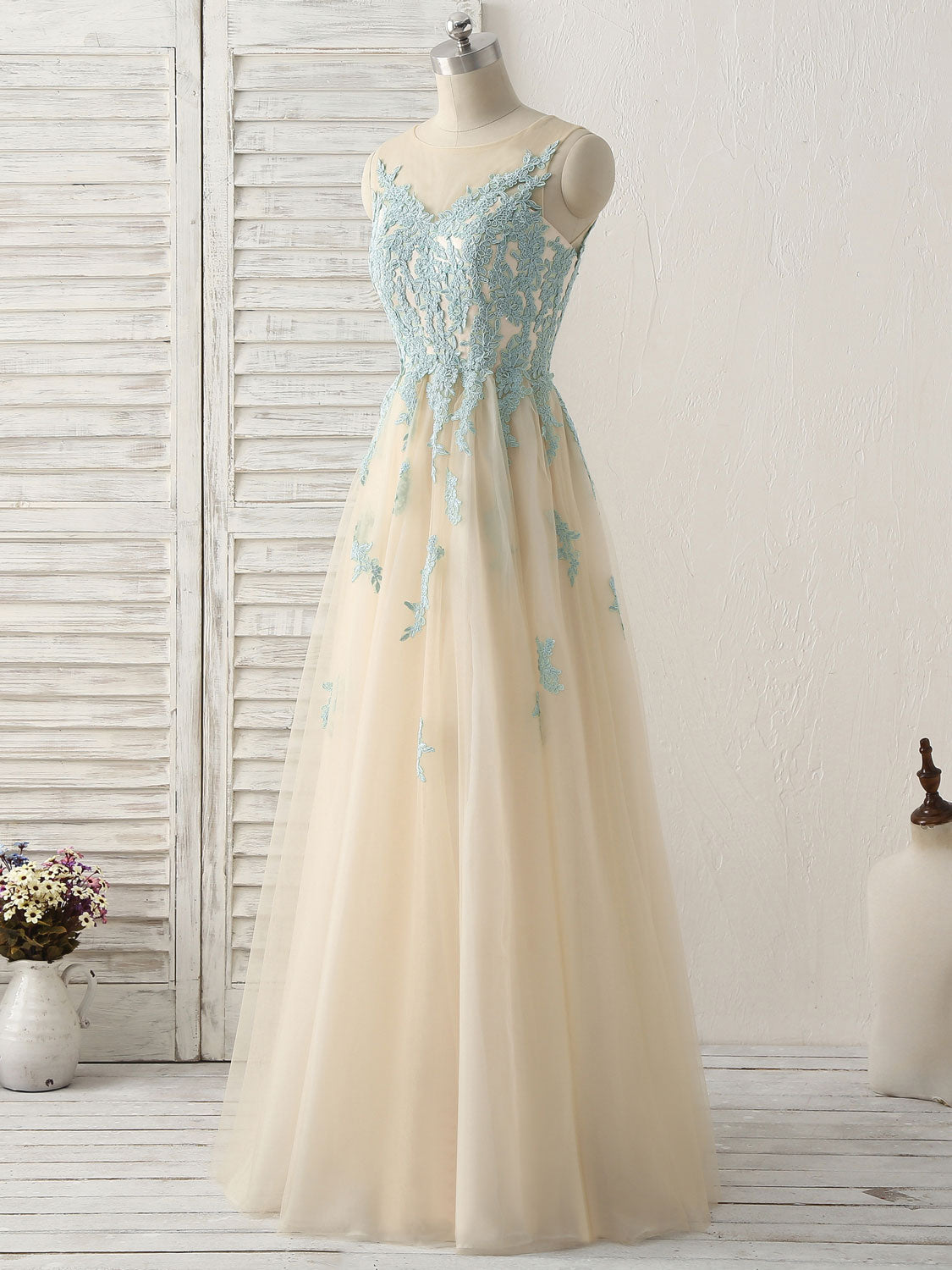A-line Illusion Neck Floor-Length Tulle & Lace Prom Dress with Zipper Back