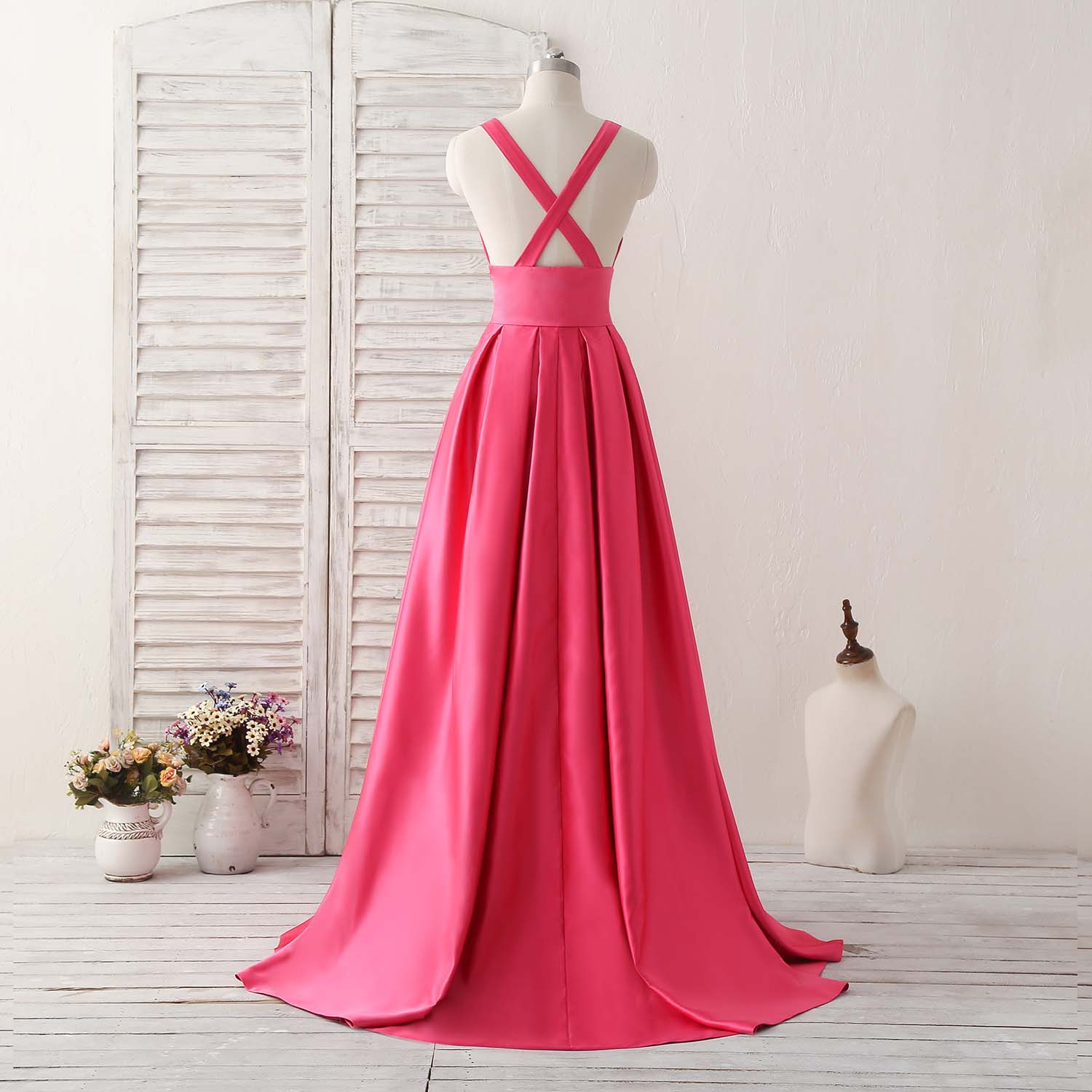 A-line Deep V Neck Floor-Length Satin Prom Dress with Cross-Back Straps