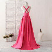 A-line Deep V Neck Floor-Length Satin Prom Dress with Cross-Back Straps