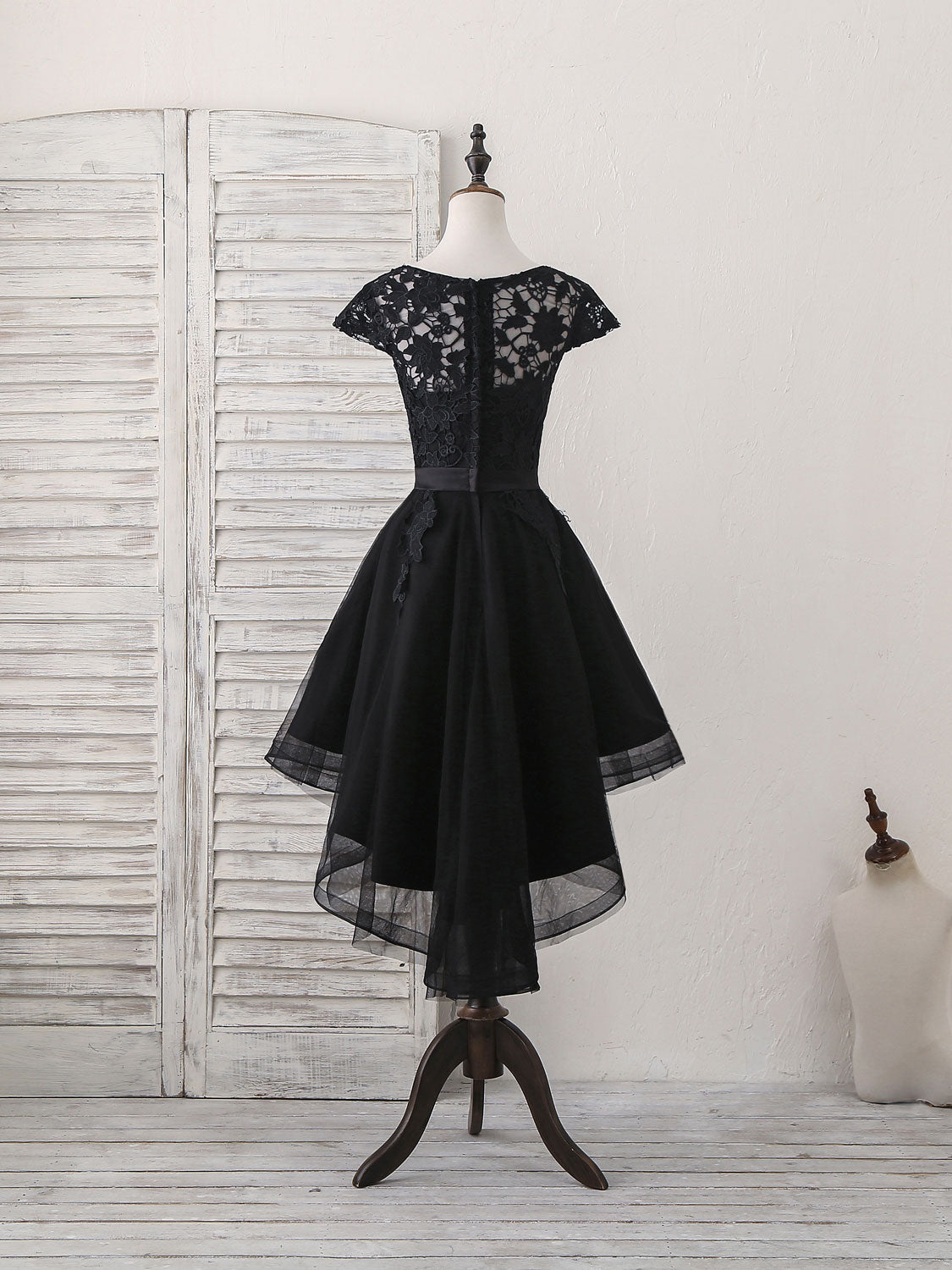 Cap Sleeve A-Line High-Low Homecoming Dress with Lace Appliqué