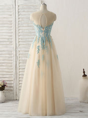 A-line Illusion Neck Floor-Length Tulle & Lace Prom Dress with Zipper Back
