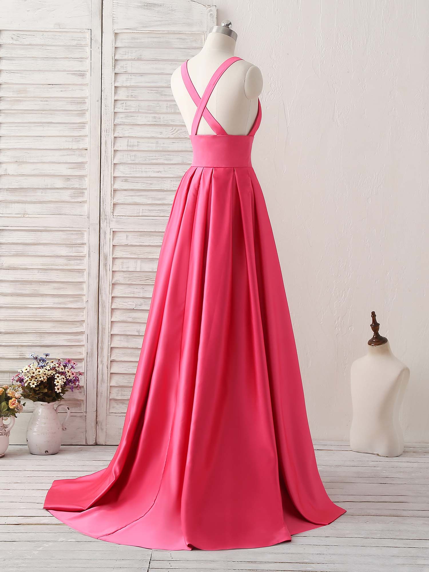A-line Deep V Neck Floor-Length Satin Prom Dress with Cross-Back Straps