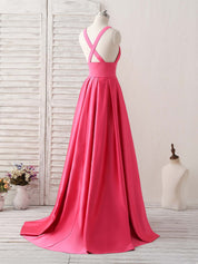 A-line Deep V Neck Floor-Length Satin Prom Dress with Cross-Back Straps
