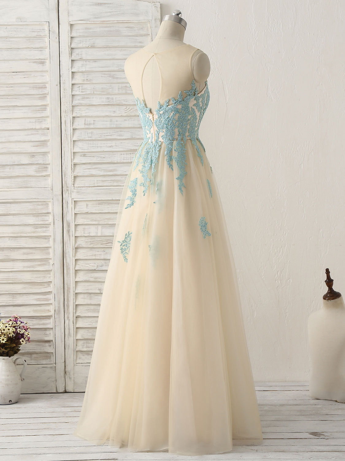 A-line Illusion Neck Floor-Length Tulle & Lace Prom Dress with Zipper Back