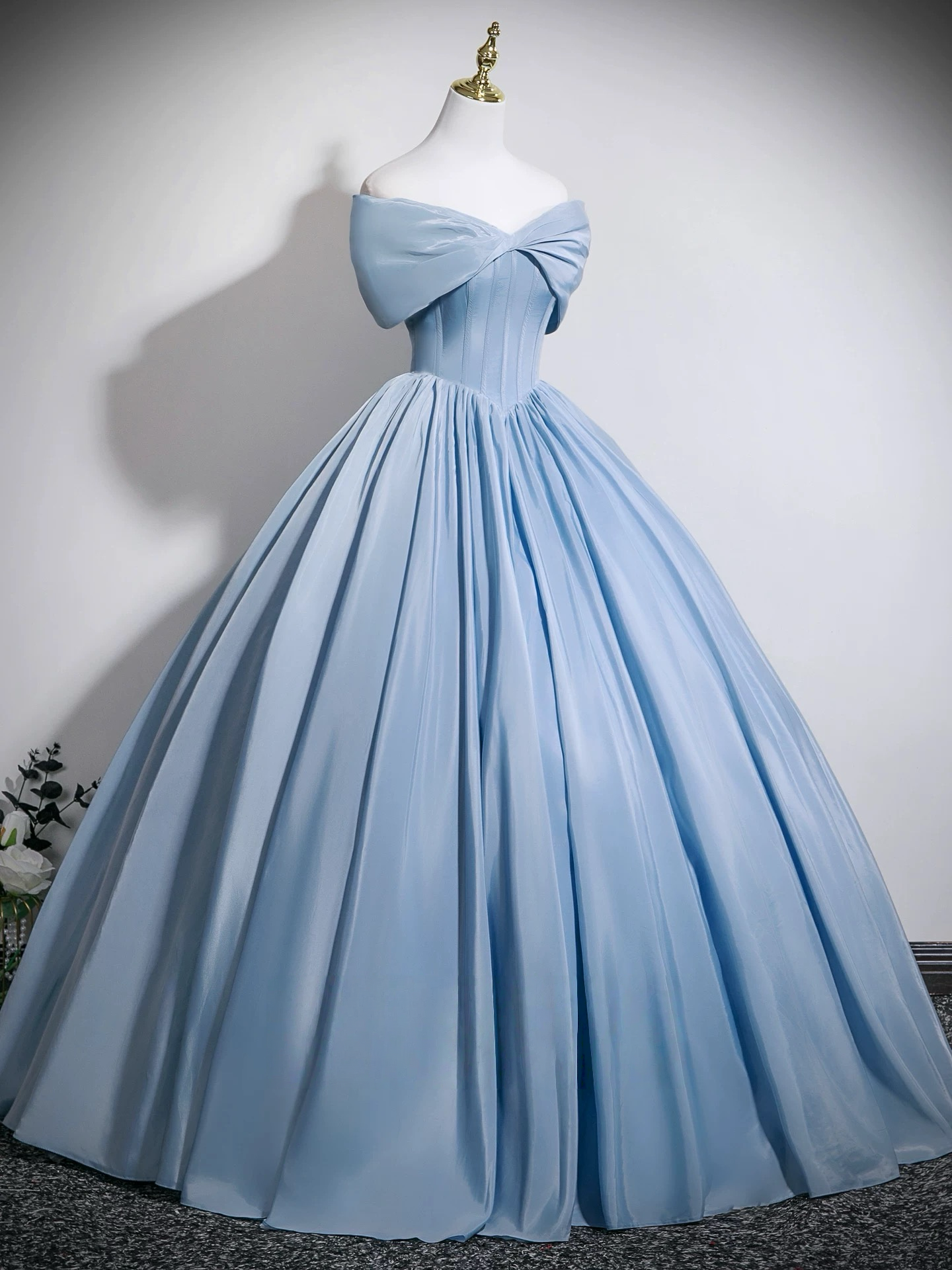 Ball Gown Off-the-Shoulder Floor-Length Water Satin Bow Prom Dress in Light Blue