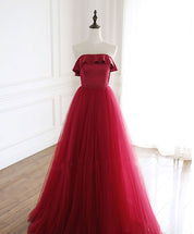 A-Line Off-the-Shoulder Floor-Length Red Tulle Prom Dress with Ruffle Neckline
