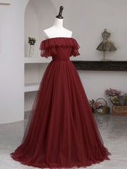 A-Line Off-the-Shoulder Floor-Length Tulle Ruffled Bodice Burgundy Prom Dress