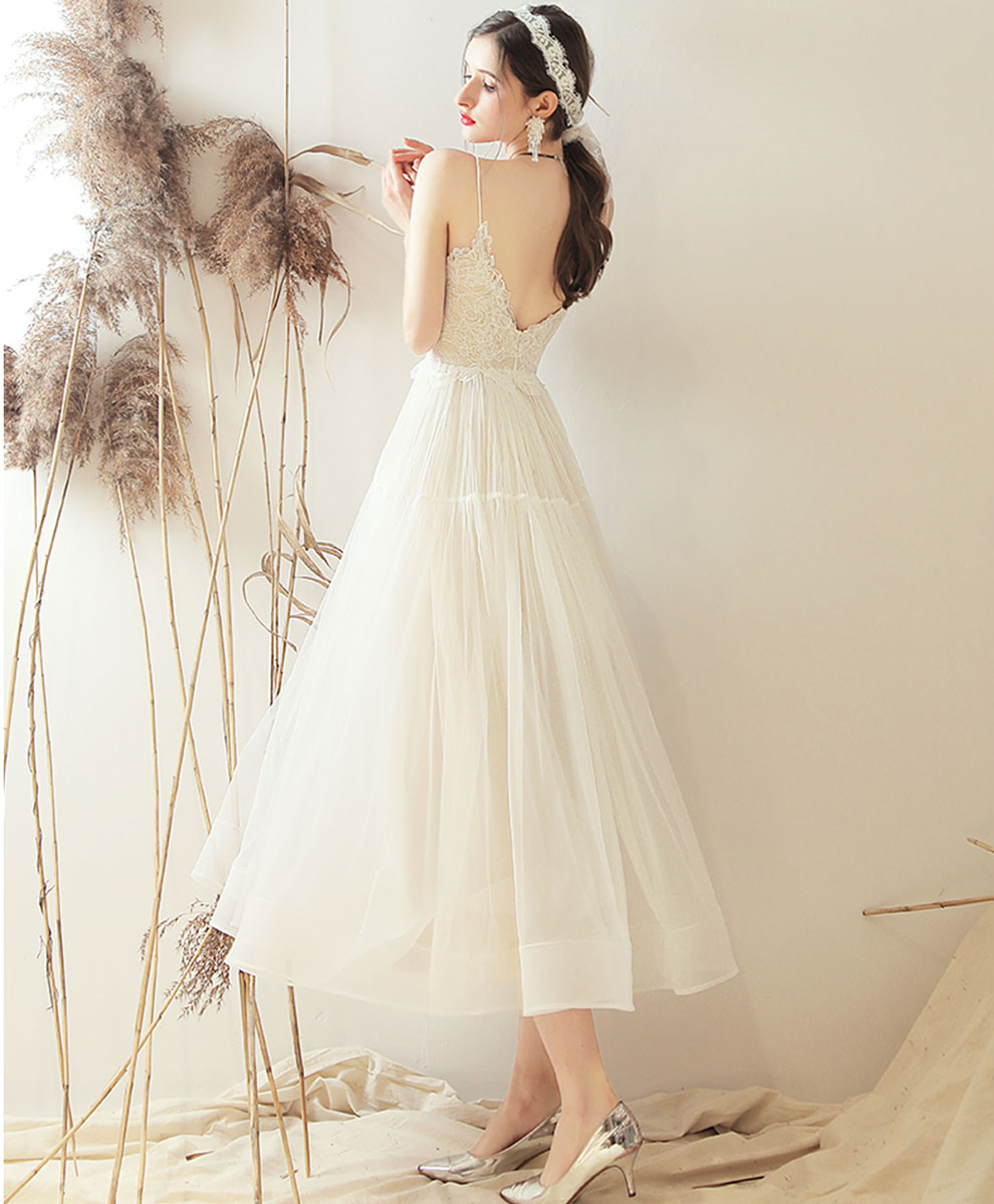 A-Line Ivory Sweetheart Tea-Length Tulle Lace Homecoming Dress with Lace Bodice