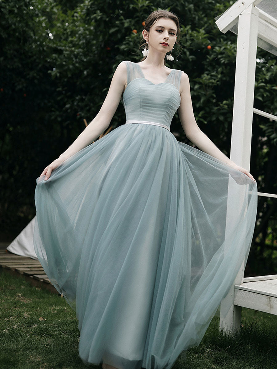 A-Line Dusty Blue One-Shoulder Floor-Length Tulle Prom Dress with Draped Bodice