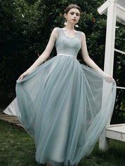 A-Line Dusty Blue One-Shoulder Floor-Length Tulle Prom Dress with Draped Bodice