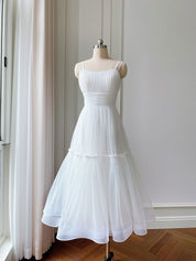 A-Line Scoop Neck Tea-Length Sage Green Tulle Homecoming Dress with Tiered Skirt