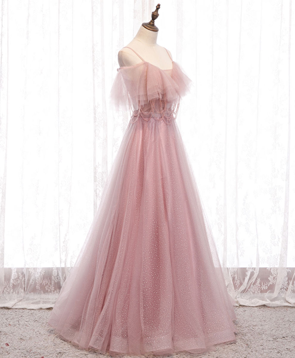A-Line Blush Pink Spaghetti Straps Floor-Length Tulle Beaded Prom Dress with Ruffled Bodice