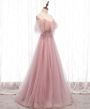 A-Line Blush Pink Spaghetti Straps Floor-Length Tulle Beaded Prom Dress with Ruffled Bodice