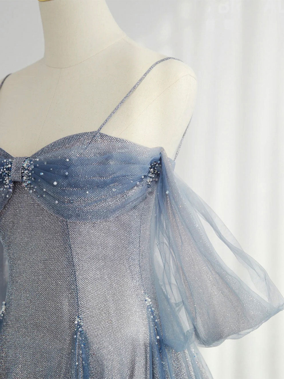 A-Line Dusty Blue Sweetheart Floor-Length Tulle Prom Dress with Sequin Shimmer