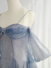 A-Line Dusty Blue Sweetheart Floor-Length Tulle Prom Dress with Sequin Shimmer
