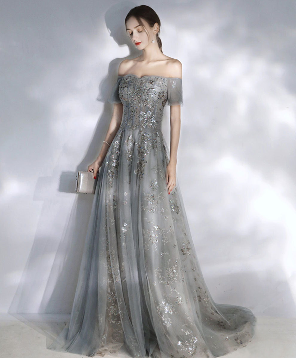 A-Line Smoke Gray Off-the-Shoulder Sweetheart Floor-Length Tulle Sequin Lace Prom Dress with Soft Tulle Sleeves