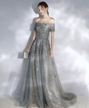 A-Line Smoke Gray Off-the-Shoulder Sweetheart Floor-Length Tulle Sequin Lace Prom Dress with Soft Tulle Sleeves