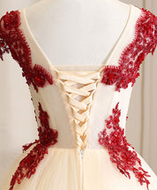 Ball Gown Ivory Illusion Neck Floor-Length Tulle Dress with Red Lace Appliqué Prom Dress