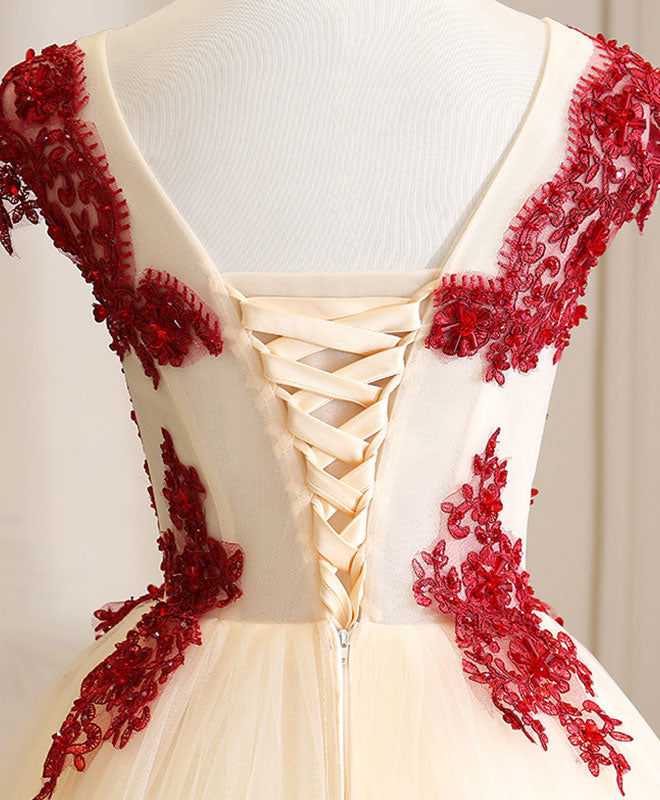 Ball Gown Ivory Illusion Neck Floor-Length Tulle Dress with Red Lace Appliqué Prom Dress