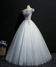 Off-Shoulder A-Line Floor-Length Tulle Prom Dress with Lace Appliqué