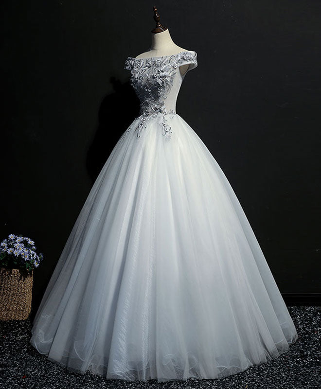 Off-Shoulder A-Line Floor-Length Tulle Prom Dress with Lace Appliqué