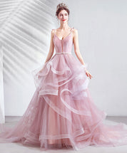 A-Line Spaghetti Straps Floor-Length Tulle Prom Dress with Ruffled Skirt
