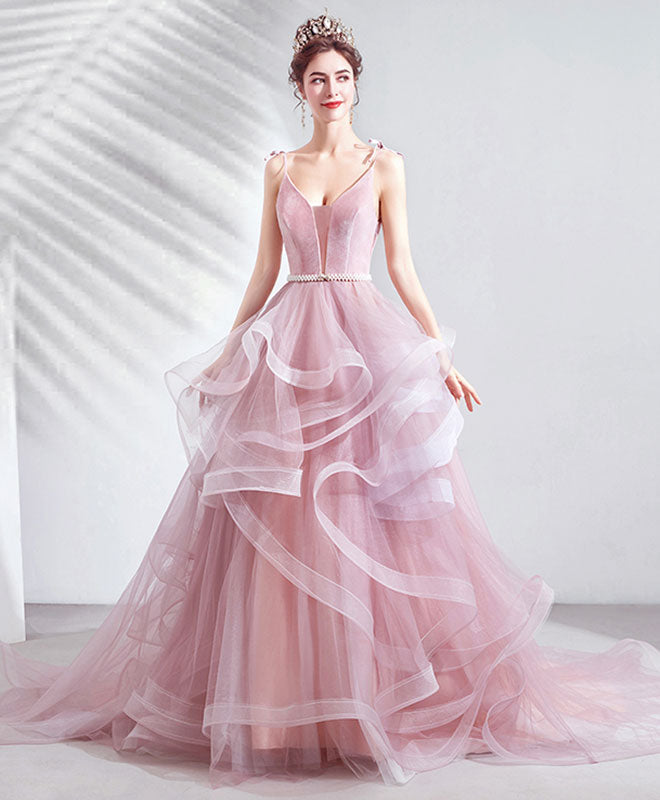 A-Line Spaghetti Straps Floor-Length Tulle Prom Dress with Ruffled Skirt