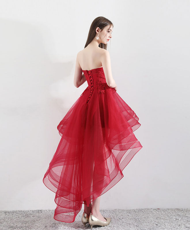 A-Line Strapless High-Low Red Tulle Homecoming Dress with Lace Bodice & Layered Ruffle Skirt