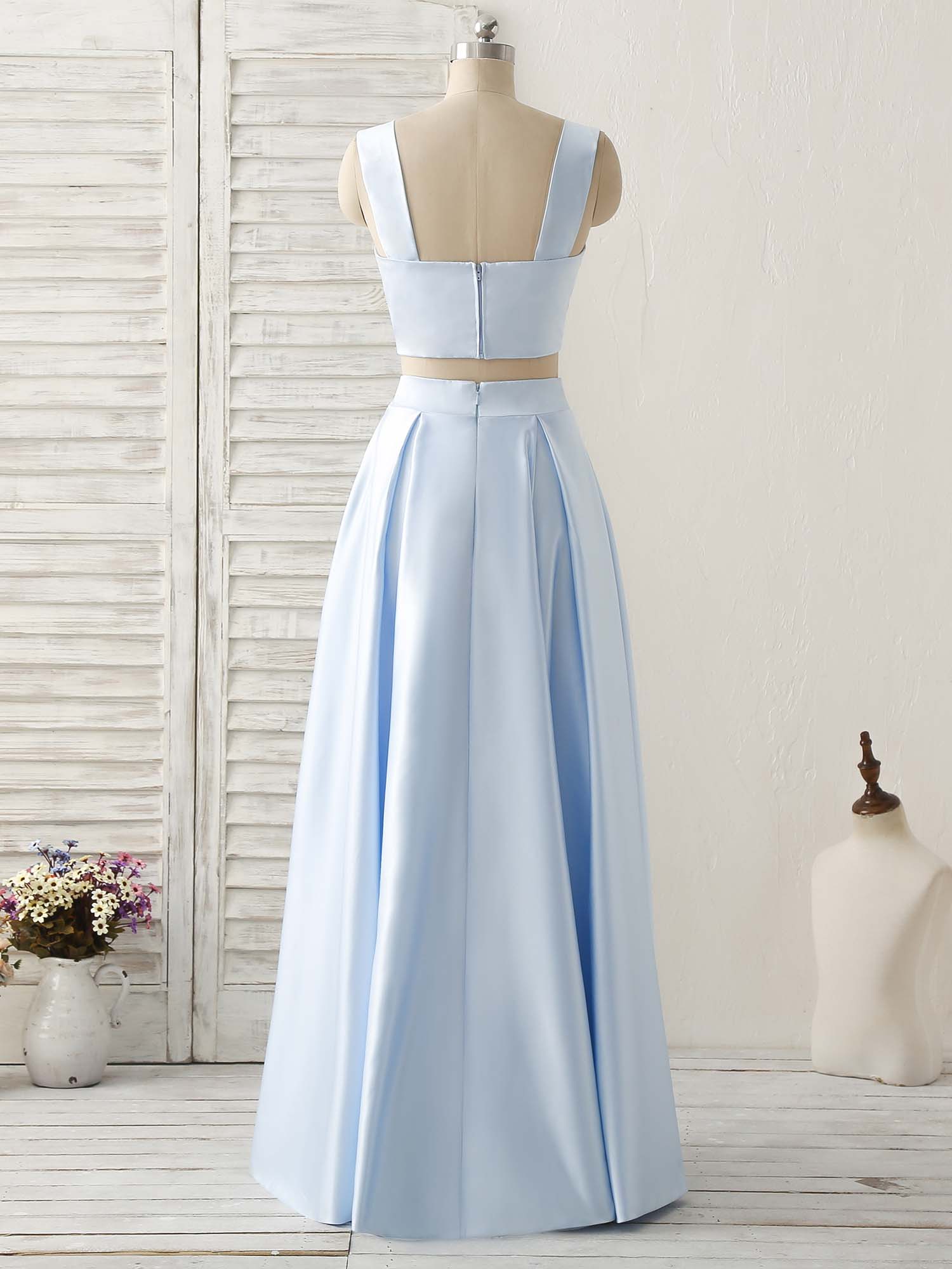 A-line Sweetheart Neck Floor-Length Satin Two-Piece Prom Dress